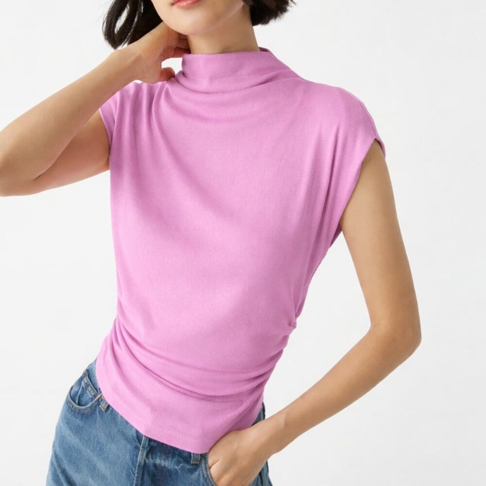 NEW Michael Stars Womens Amara Power Pink Shoulder Tee Medium Mock Neck Ribbed